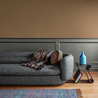 Salon de style minimaliste présentant un canapé gris de forme oblongue avec coussin décoratif et couverture, et tapis coloré.