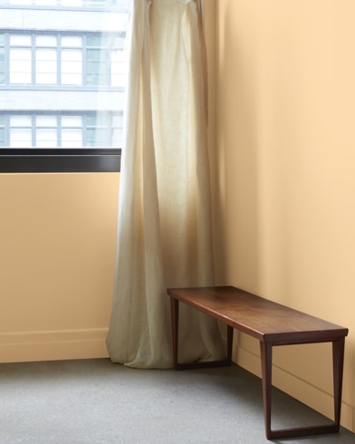 In a Guesthouse-painted room with a wooden bench, a gauzy white curtain hangs next to an open window.
